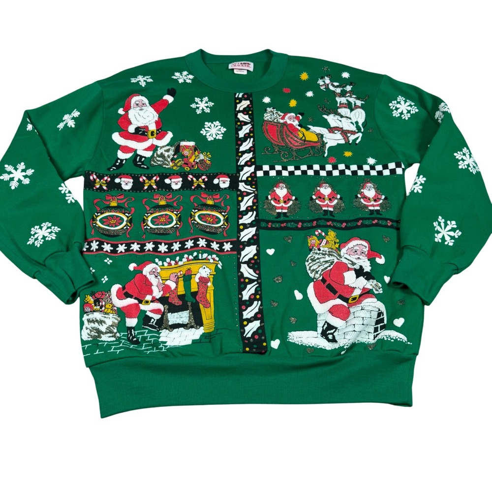 Vintage Nutcracker Santa Claus Christmas Sweatshirt Green Glitter Medium USA